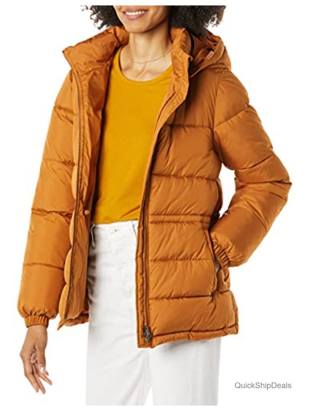 Quilted Puffer Jacket Hooded Adjustable Waist Water-Resistant 2-Way Zipper